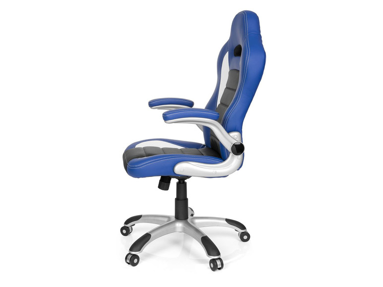 Blauwe gaming bureaustoel met zilveren onderstel.