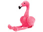 Een roze pluche flamingo speelgoed.