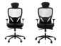 Twee zwarte bureaustoelen met mesh rugleuningen.