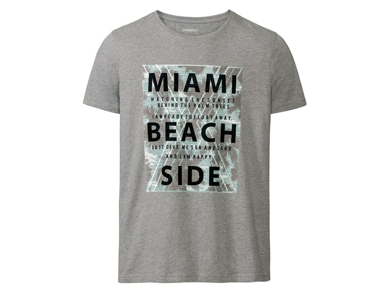 Een grijs T-shirt met een print van een palmboom en de tekst 'Miami Beach Side'.