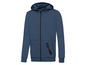 Een blauwe hoodie met rits en capuchon van het merk B&C.
