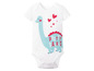 Witte baby romper met een blauwe dinosaurus en de tekst 'Pretty Saurus'.