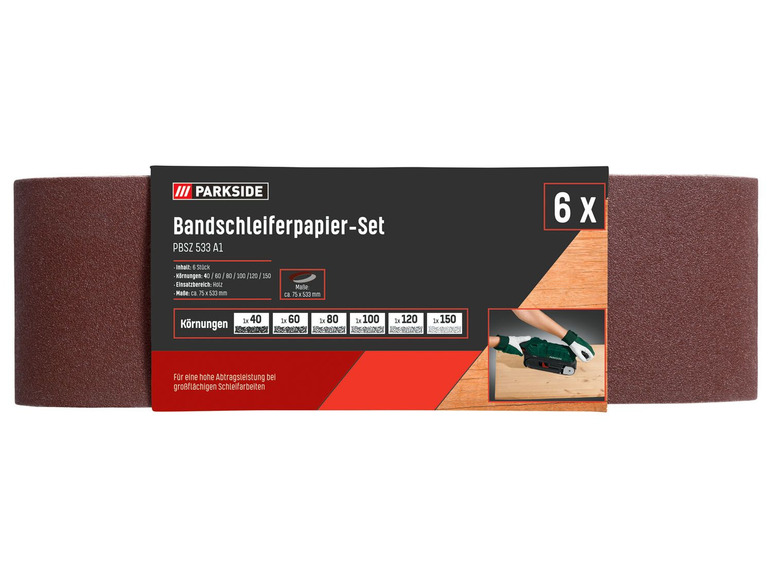 Parkside bandschuurpapier set met 6 stuks schuurpapier in verschillende korrelgroottes.