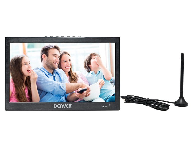 Een Denver televisie met een antenne, een familie kijkt tv.