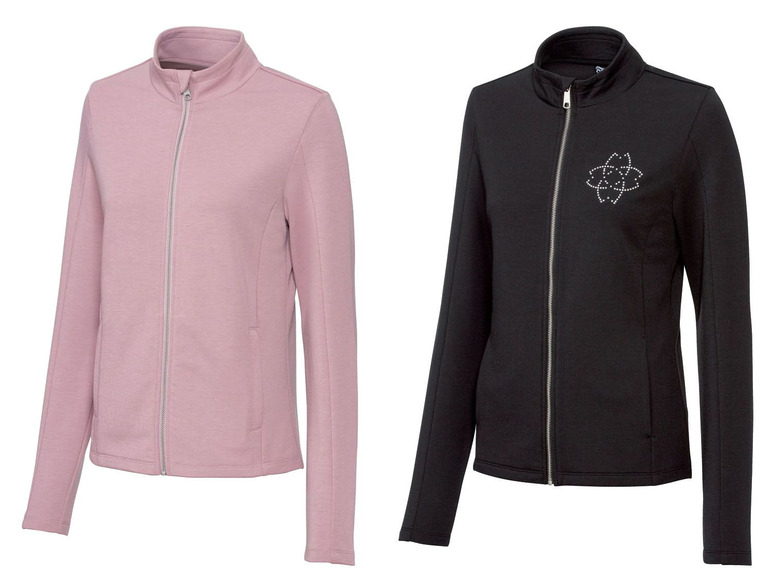 Twee damesjacks, een roze en een zwarte met een atoom-design.