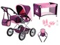 Een poppenwagen, een wieg, een draagzak en accessoires voor poppen.