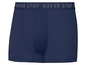 Blauwe boxershorts met 'N3VR STOP' print.