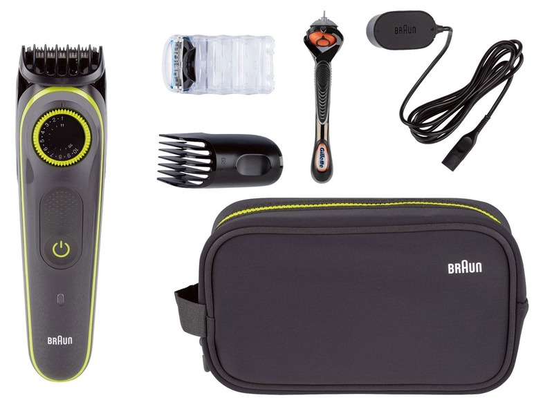 Braun scheerapparaat, Gillette scheermes, oplader en accessoires in een tas.