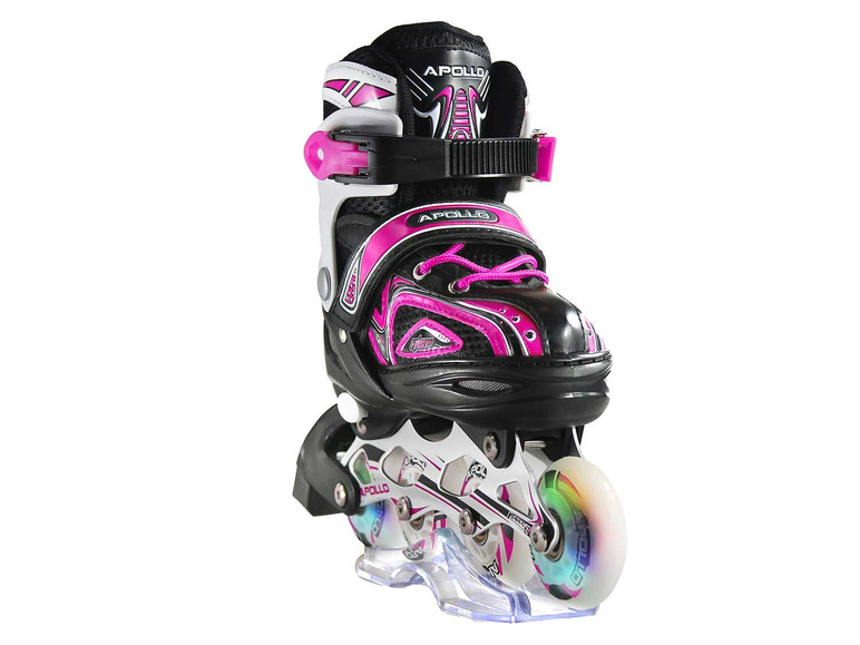 Een roze en zwarte inline skate van Apollo met lichtgevende wielen.