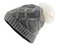 Grijze gebreide muts met een witte pompon.