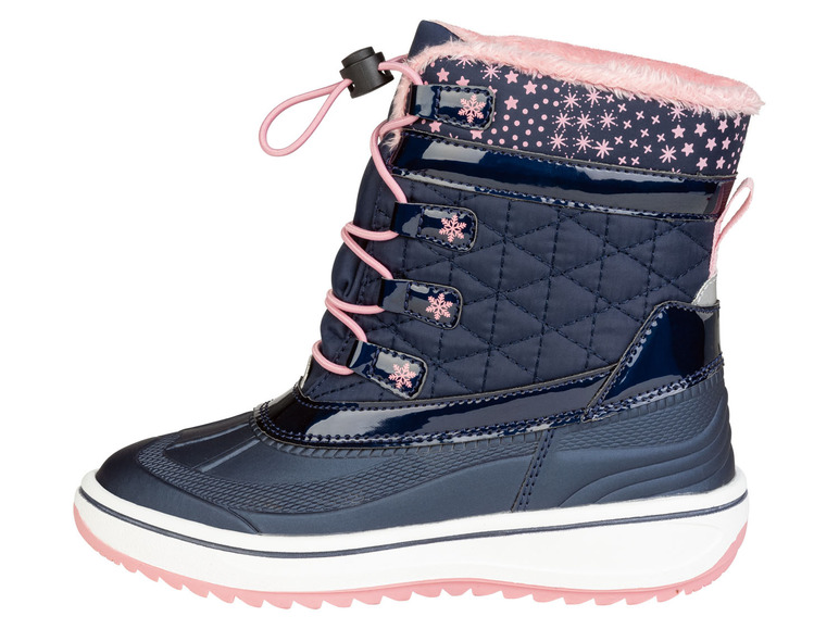 Blauwe winterlaarzen met roze details en een sneeuwvlokkenprint.
