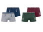 Vier boxershorts van Brezelbub in grijs, donkerblauw, groen en rood.