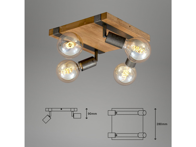 Industriële plafondlamp met houten frame en vier gloeilampen.