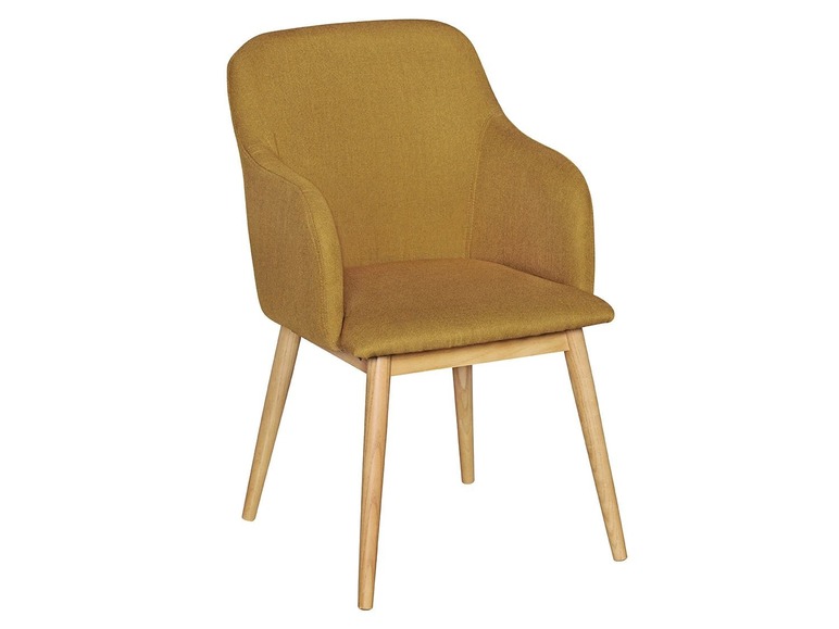 Een gele stoel met houten poten.