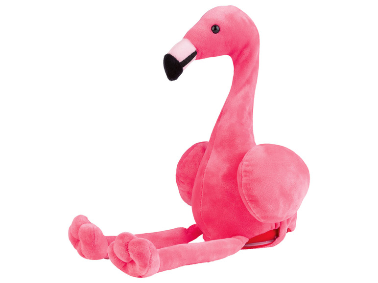 Een roze pluche flamingo speelgoed.