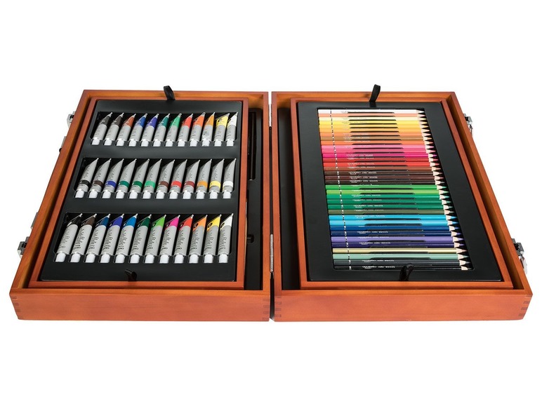 Een houten kist met verf en kleurpotloden.