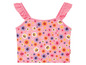 Roze tanktop met emoji en bloemenprint.