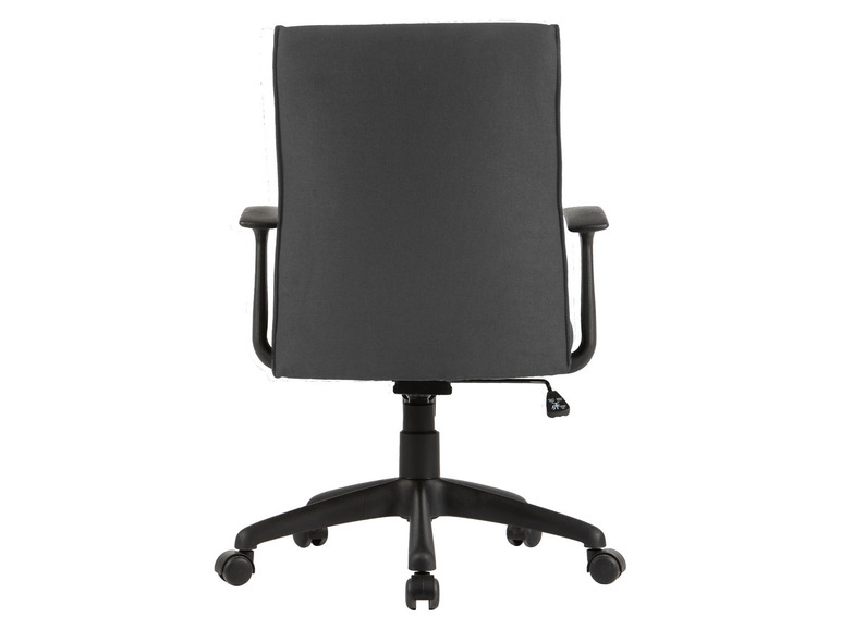 Een grijze bureaustoel met wielen.