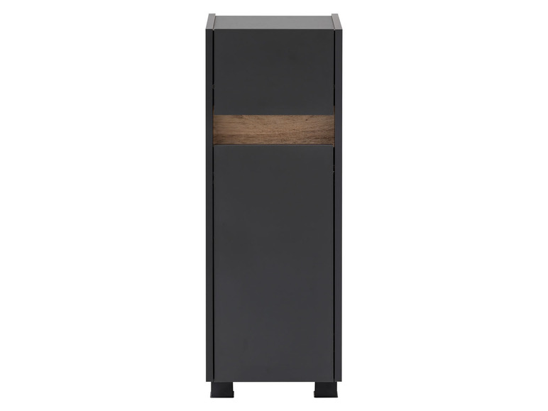 Een donkergrijze kast met een houten accent.