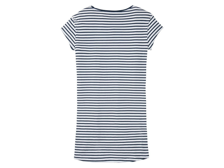 Een gestreept wit en donkerblauw jurkje met korte mouwen.