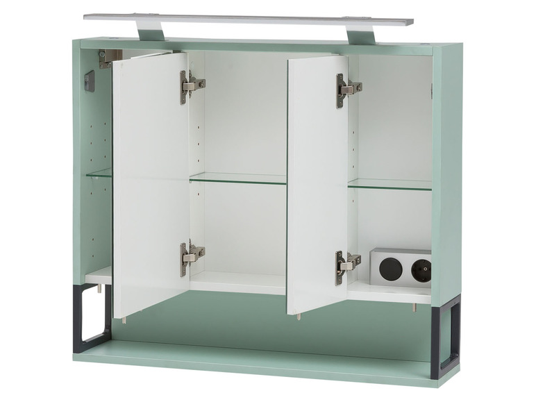 Badkamerkast met spiegeldeuren, glazen legplanken en stopcontact.