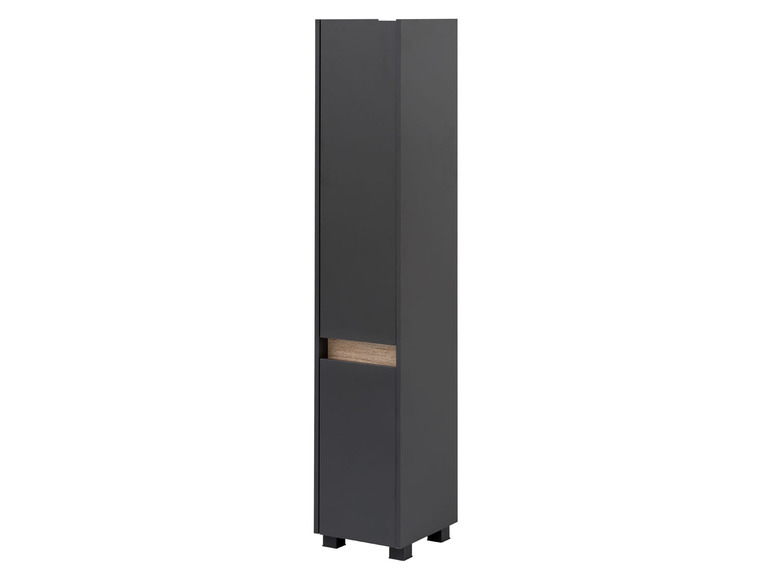 Een donkergrijze kledingkast met een houten accent.