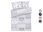 Een grijs beddengoedset met hartjes en ruitjes