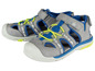 Grijze sandalen met blauwe details en 'Ride On' tekst voor jongens.