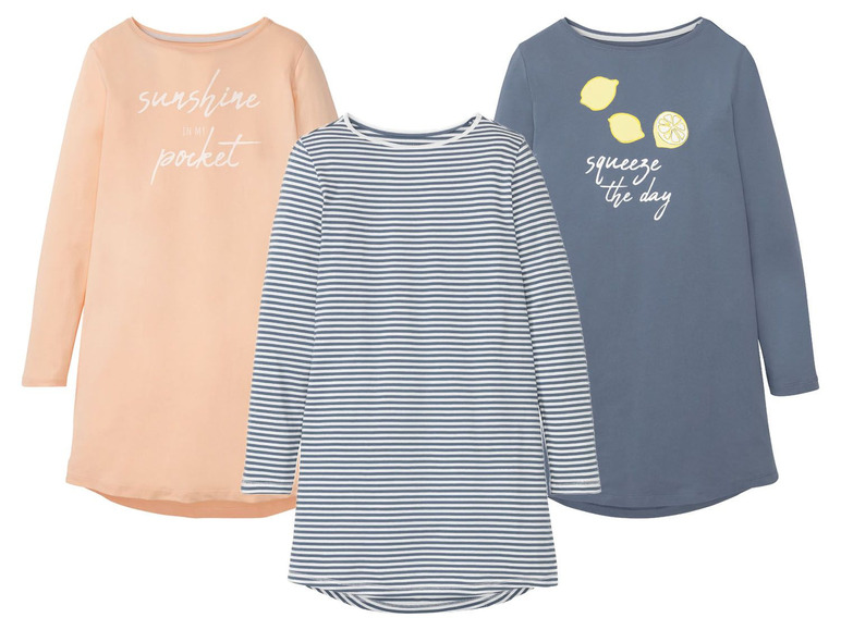 Drie lange mouwen t-shirts met een gestreepte, lichtblauwe en perzikkleurige met citroenen print.