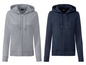Twee grijze en blauwe hooded sweaters met rits.