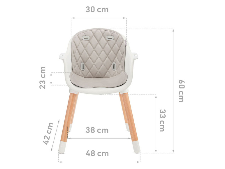 Een witte kinderstoel met houten poten en een grijze zitting.