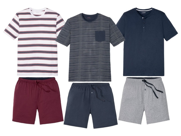 Drie sets herenpyjama's met korte mouwen, bestaande uit een gestreept T-shirt en korte broek.