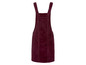 Een donkerrode corduroy overall-jurk.
