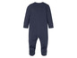 Een donkerblauwe romper met voetjes voor baby's.