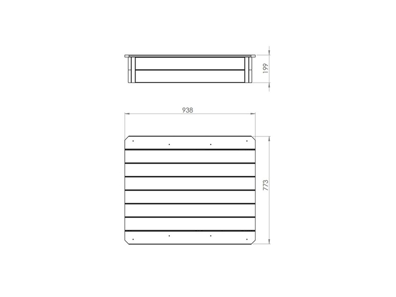 Technische tekening van een houten speeltoestel met een zandbak.