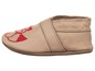 Beige leren baby-sloefjes met rood gestikt beertje.