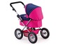 Een roze kinderwagen met blauwe bekleding en een draagmand
