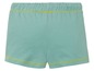 Turquoise shorts met gele stiksels.