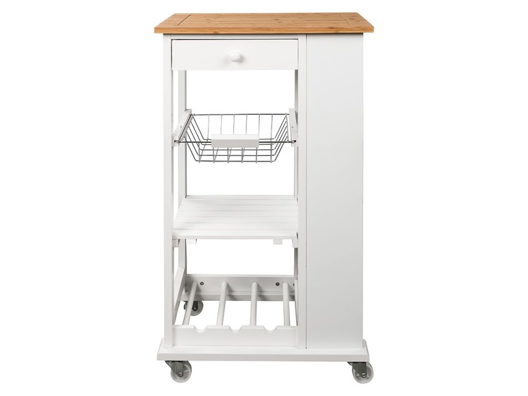 Witte keukenkar met houten werkblad, lade, rek en wijnrek op wielen.