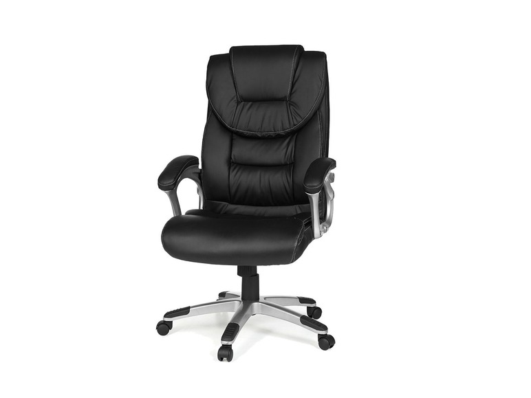 Een zwarte bureaustoel met armleuningen en wielen.