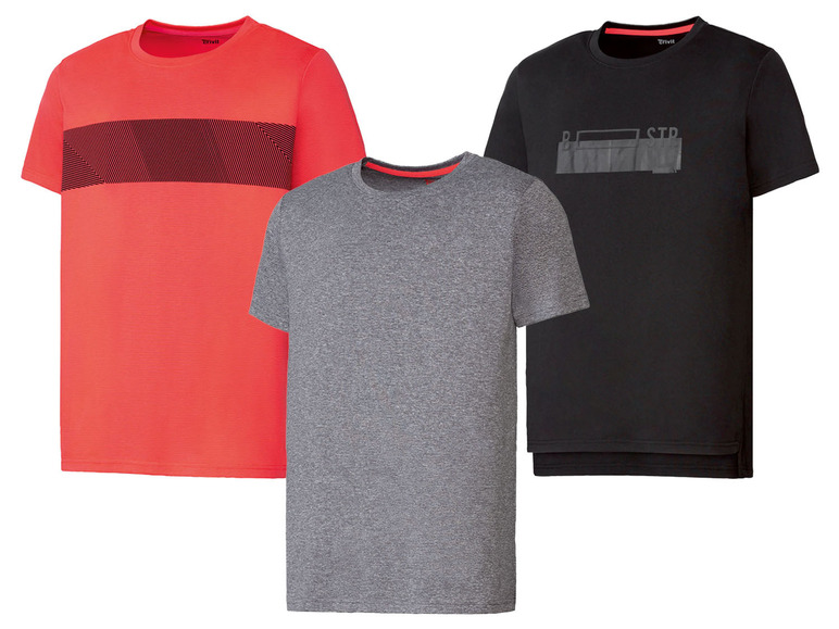 Drie Drifit sport shirts met verschillende kleuren en prints.