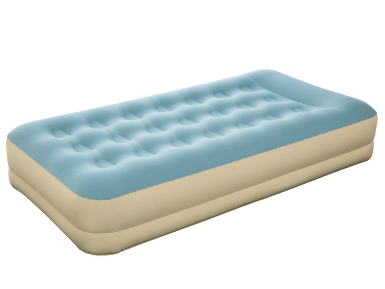 Een opgeblazen luchtbed met een blauwe bovenkant en beige onderkant.