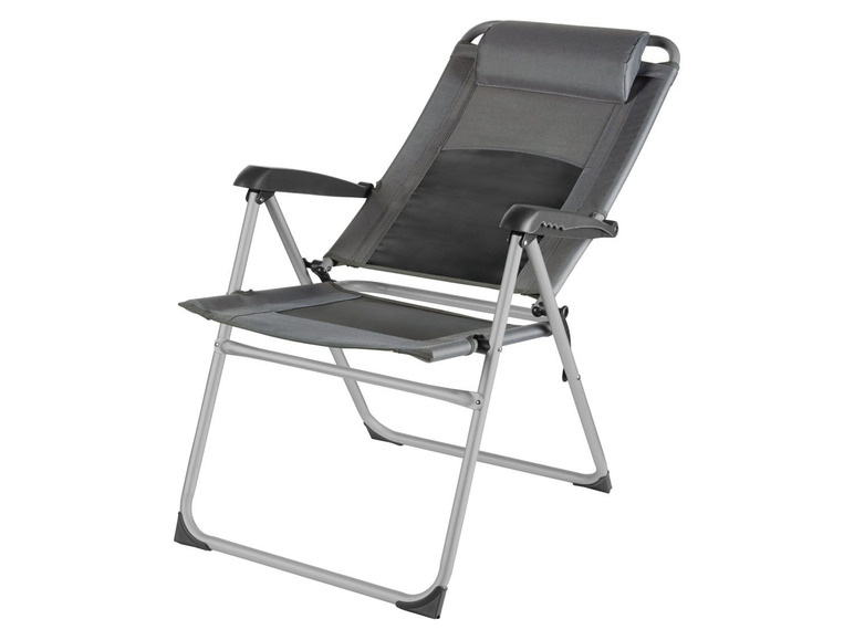 Een grijze, opvouwbare stoel met armleuningen voor buiten.