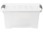 Een witte opbergbox met grijze handvatten.