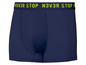 Donkerblauwe boxershorts met groene N3VR STOP band.