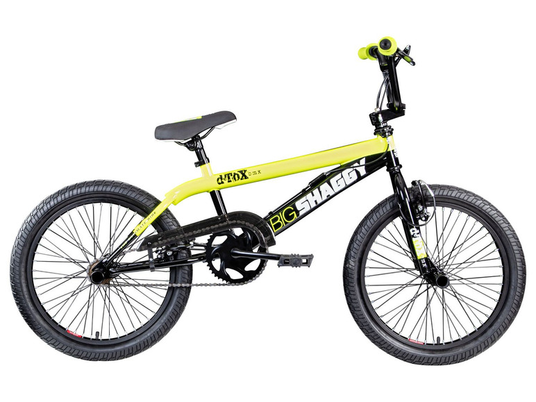 Een gele dTox BMX-fiets met zwarte wielen.
