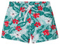 Blauwe shorts met een tropisch bloemenpatroon.