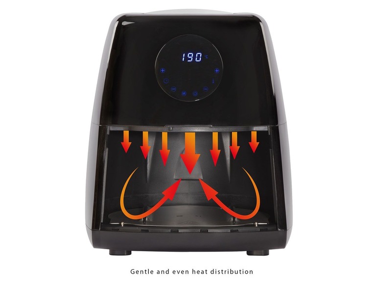 Zwarte airfryer met gelijkmatige warmteverdeling.