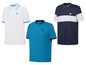 Drie Erima poloshirts in wit, blauw en donkerblauw.