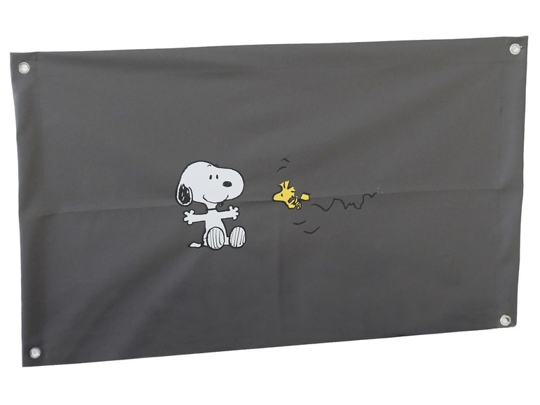 Een grijze Peanuts-vlag met Snoopy en Woodstock